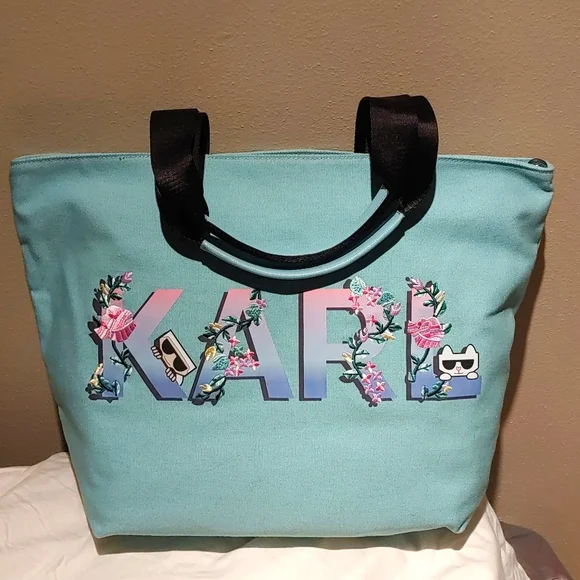 Karl Lagerfeld Paris Aqua / Pink / Blue Canvass Tote with Karl & Cat & F… - Picture 3 of 8